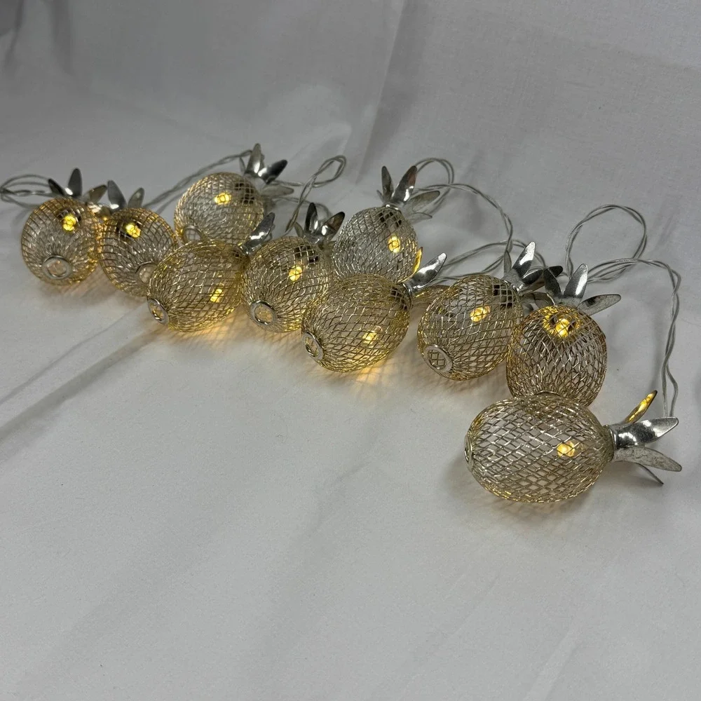 Gold Metal Mesh Pineapple String Lights Battery Operated LED Fairy Lights 10ct